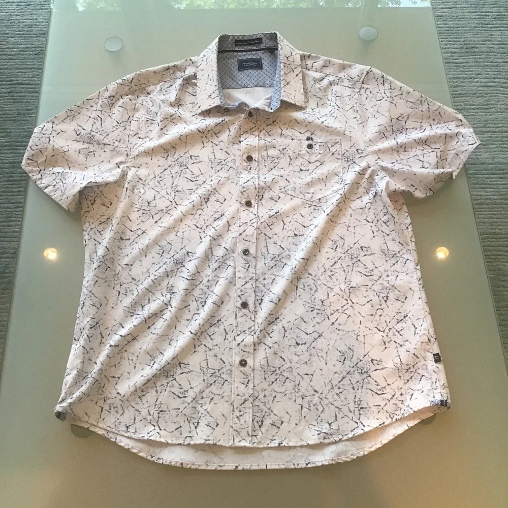 7 Diamonds Timeless Melody 4 Way Stretch SS Button Down Shirt White Navy Blue XL